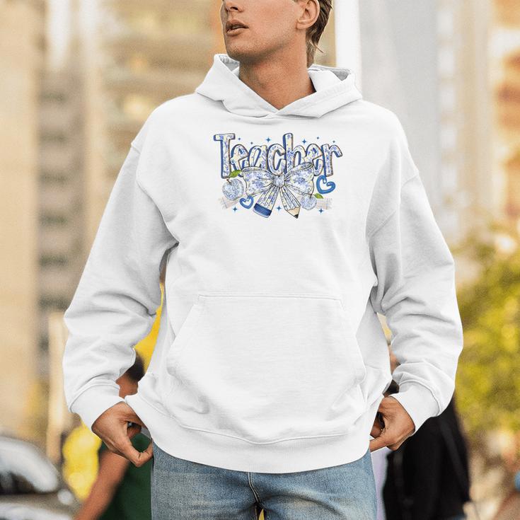 Teacher Blue Chinoiserie Coquette Bow Heart Teacher Life Men Hoodie, funny gift Teacher Blue Chinoiserie Coquette Bow Heart Teacher Life Men Hoodie, funny gift