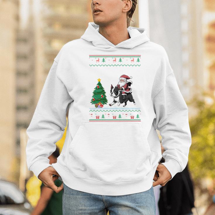 Ugly Christmas Tree Lights Xmas Santa Riding Boston Terrier Men Hoodie, Boston Terrier Riding Hoodies, Boston Terrier Christmas Hoodies, funny gift