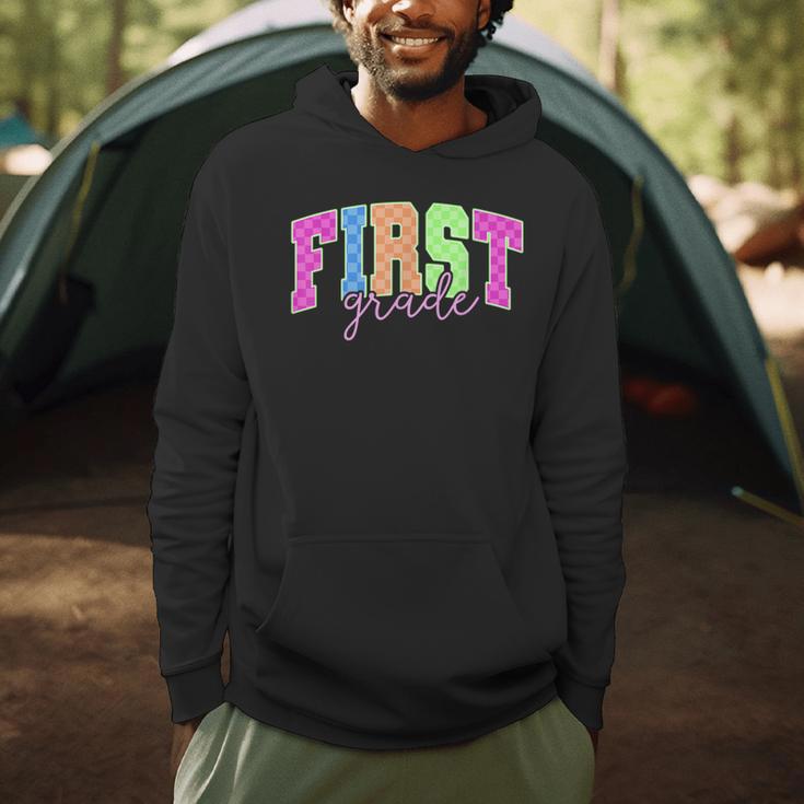 Back To School Neon Checkered First Grade Colorful Teacher Men Hoodie, novelty gifts, funny gifts