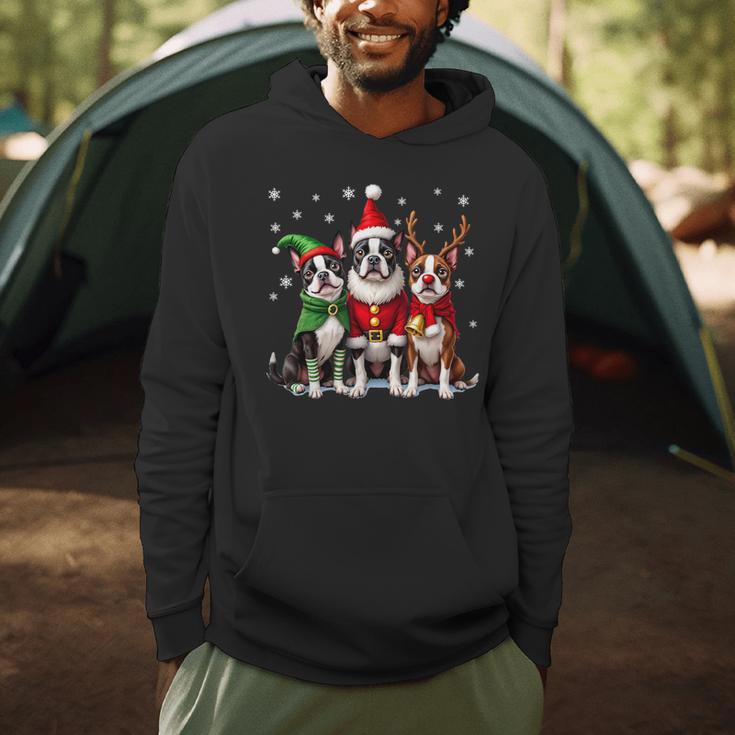 Boston Terrier Christmas Dogs Santa Reindeer Elf Men Hoodie, novelty gifts, funny gifts