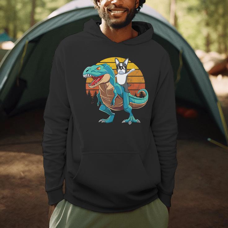Boston Terrier Dog Riding Dinosaur T Rex Boys Men Hoodie, novelty gifts, funny gifts