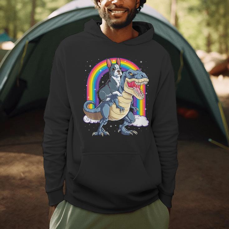 Boston Terrier Riding Dinosaur T-Rex Boys Kids Rainbow Men Hoodie, novelty gifts, funny gifts