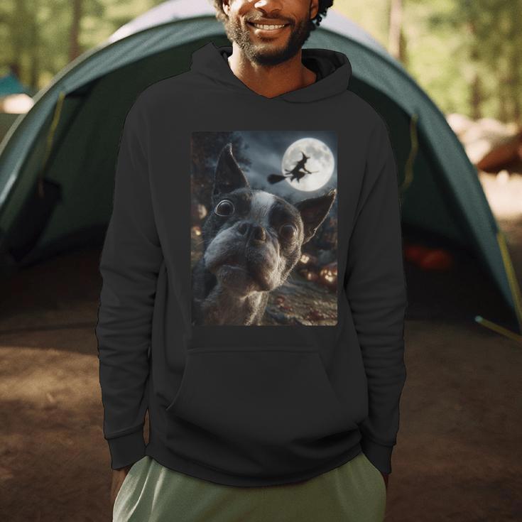 Boston Terrier Selfie Full Moon Flying Witch Halloween Dog Men Hoodie, novelty gifts, funny gifts