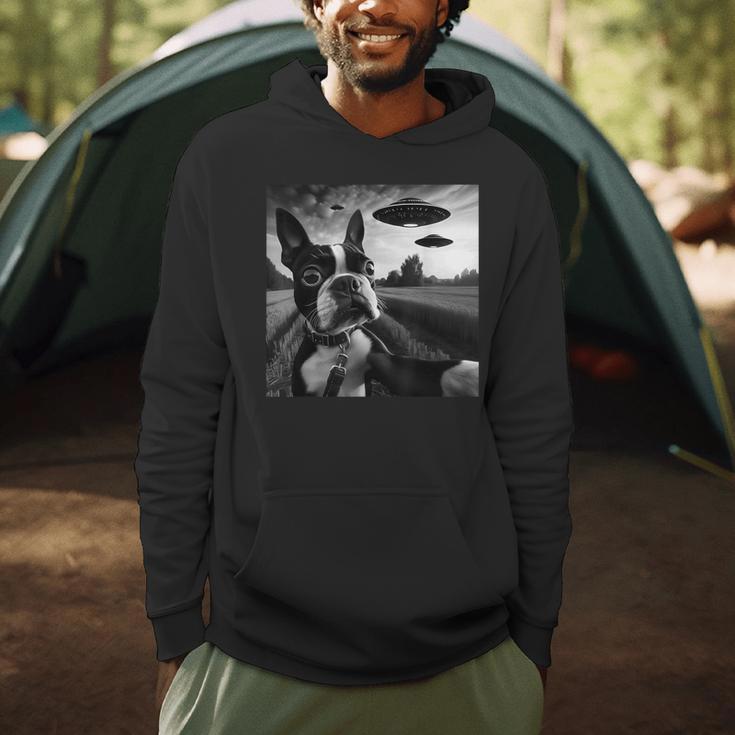 Boston Terrier Graphic Selfie With UFOs Weird Aliens Men Hoodie, novelty gifts, funny gifts