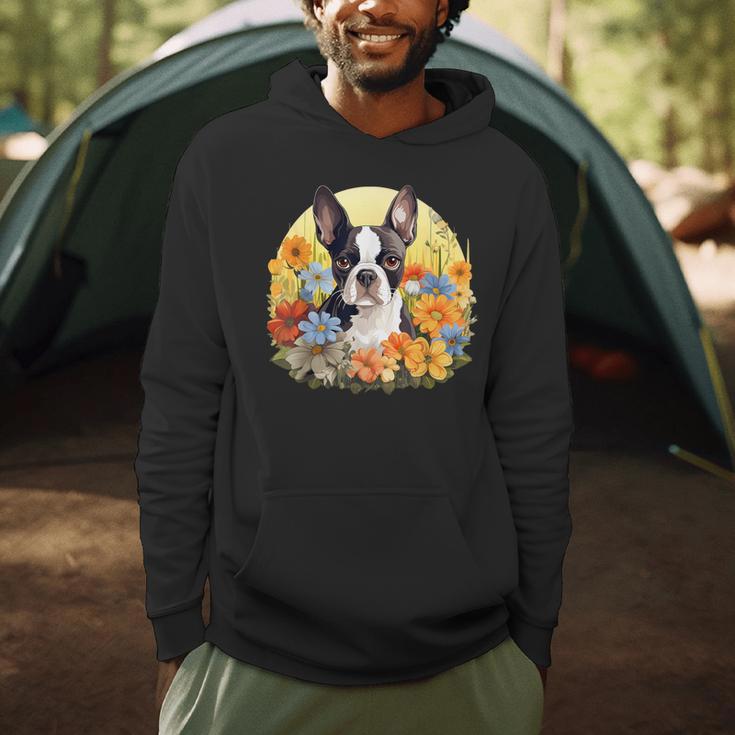Cute Boston Terrier Spring Flower Garden Colorful Puppy Dog Men Hoodie, novelty gifts, funny gifts
