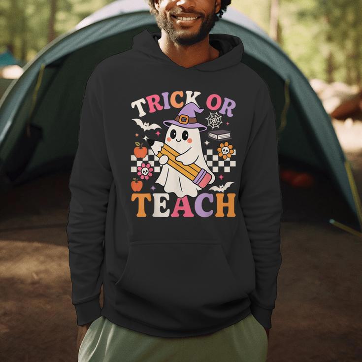 Retro Floral Ghost Trick Or Teach Groovy Teacher Halloween Men Hoodie, novelty gifts, funny gifts