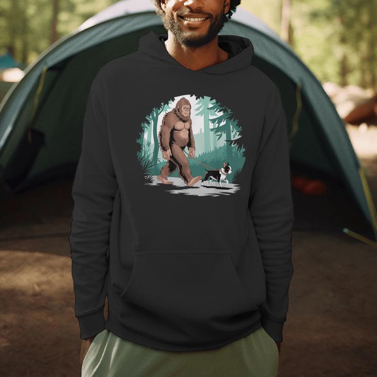 Whimsical Forest Adventures Sasquatch Bigfoot Walking Boston Terrier Dog Lovers Men Hoodie, novelty gifts, funny gifts