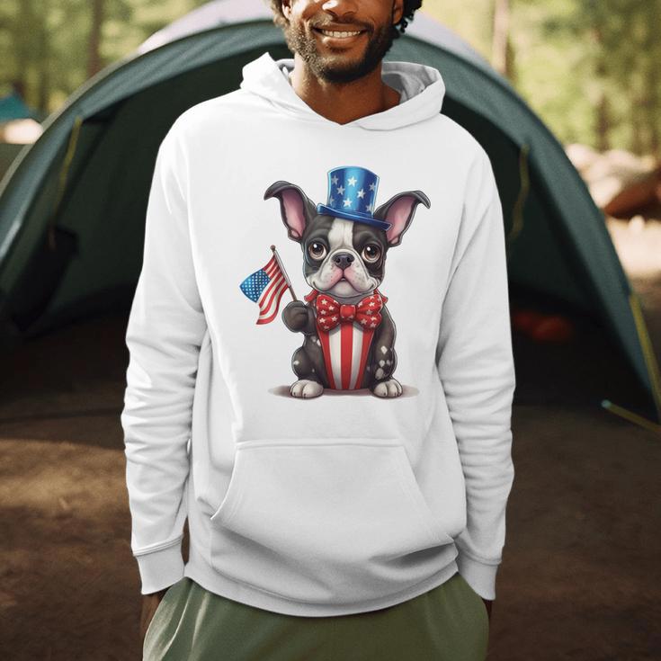 Boston Terrier Puppy Dog Holds His American Flag 4th Of July Men Hoodie, novelty gifts, funny gifts