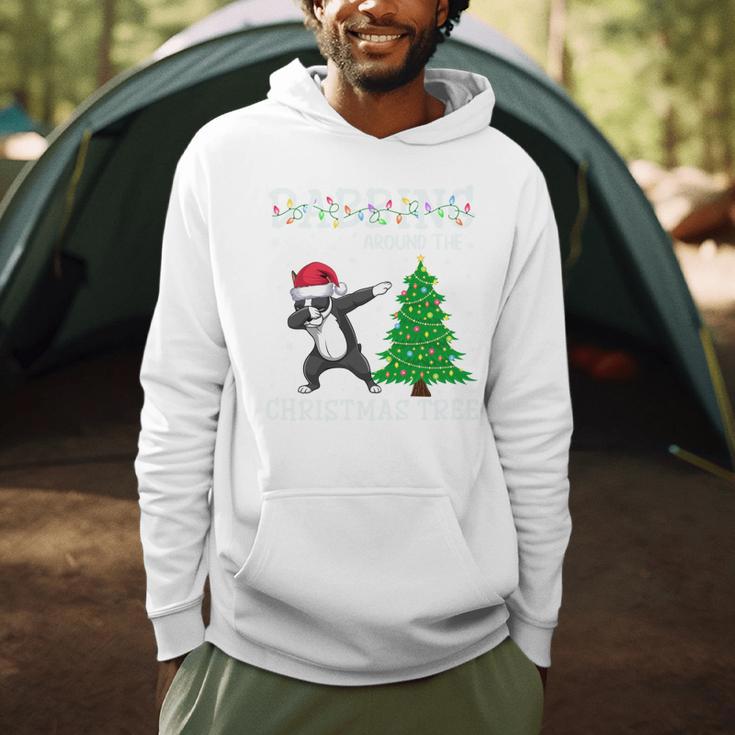 Boston Terrier Santa Hat Dabbing Around The Christmas Tree Men Hoodie, novelty gifts, funny gifts