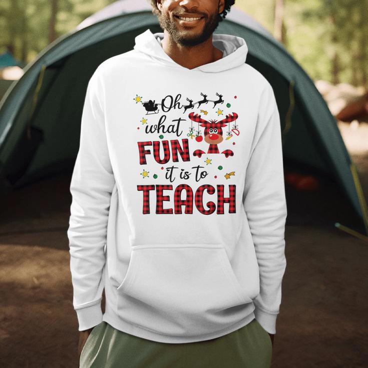 Teachers Oh What Fun It Is To Teach Cute Red Plaid Reindeer Men Hoodie, novelty gifts, funny gifts