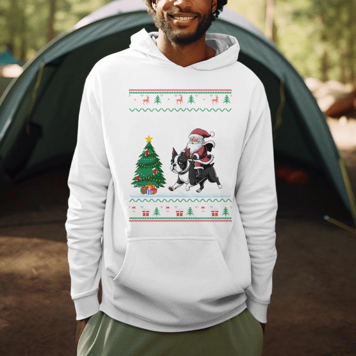 Ugly Christmas Tree Lights Xmas Santa Riding Boston Terrier Men Hoodie, novelty gifts, funny gifts