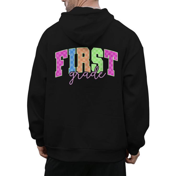 Back To School Neon Checkered First Grade Colorful Teacher Men's Hoodie Back Print