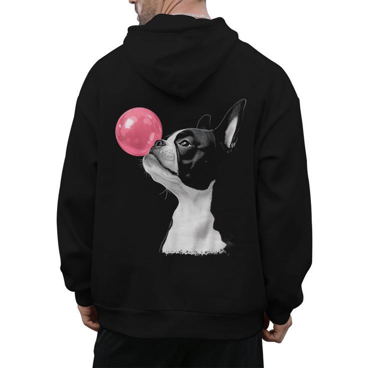 Boston Terrier Dog Blowing Chewing Bubble Gum Pink Men's Hoodie Back Print