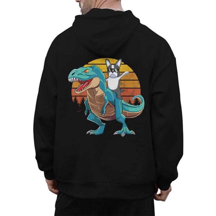Boston Terrier Dog Riding Dinosaur T Rex Boys Men's Hoodie Back Print