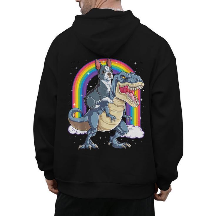 Boston Terrier Riding Dinosaur T-Rex Boys Kids Rainbow Men's Hoodie Back Print