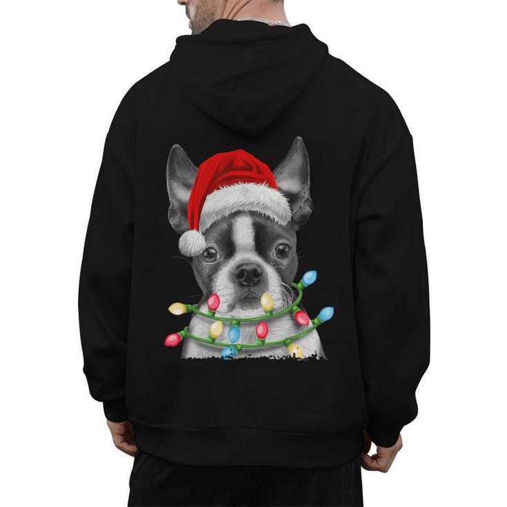 Boston Terrier Santa Christmas Tree Lights Xmas Boys Men Dog Men's Hoodie Back Print