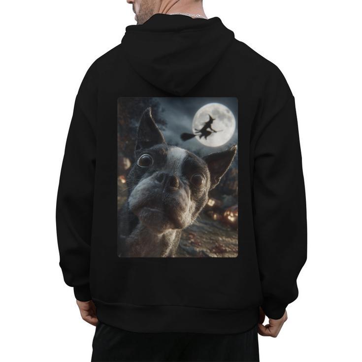 Boston Terrier Selfie Full Moon Flying Witch Halloween Dog Men's Hoodie Back Print