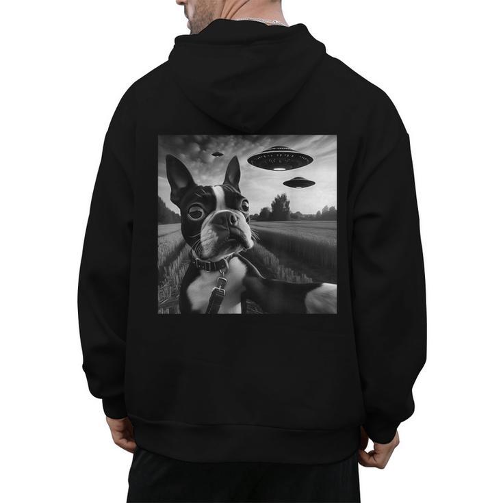 Boston Terrier Graphic Selfie With UFOs Weird Aliens Men's Hoodie Back Print