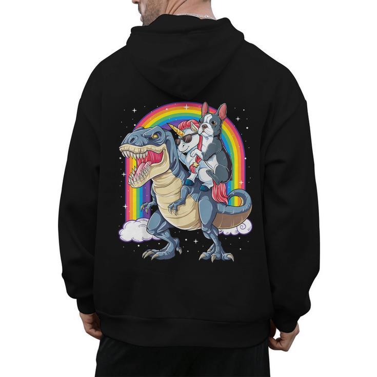 Boston Terrier Unicorn Riding Dinosaur T-Rex Girls Rainbow Men's Hoodie Back Print