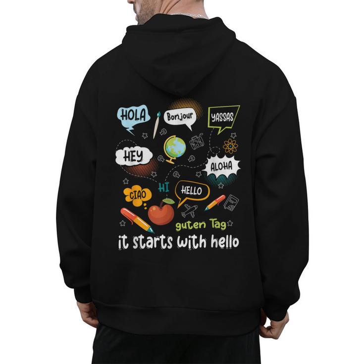 Friendship Inclusion Language Teacher It Starts With Hello Men's Hoodie Back Print
