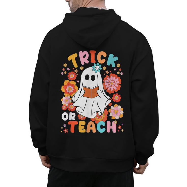 Groovy Halloween Trick Or Teach Retro Floral Ghost Teacher For Men Women Kids Men's Hoodie Back Print