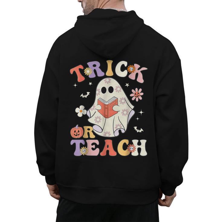 Groovy Halloween Trick Or Teach Retro Floral Ghost Teacher Men's Hoodie Back Print