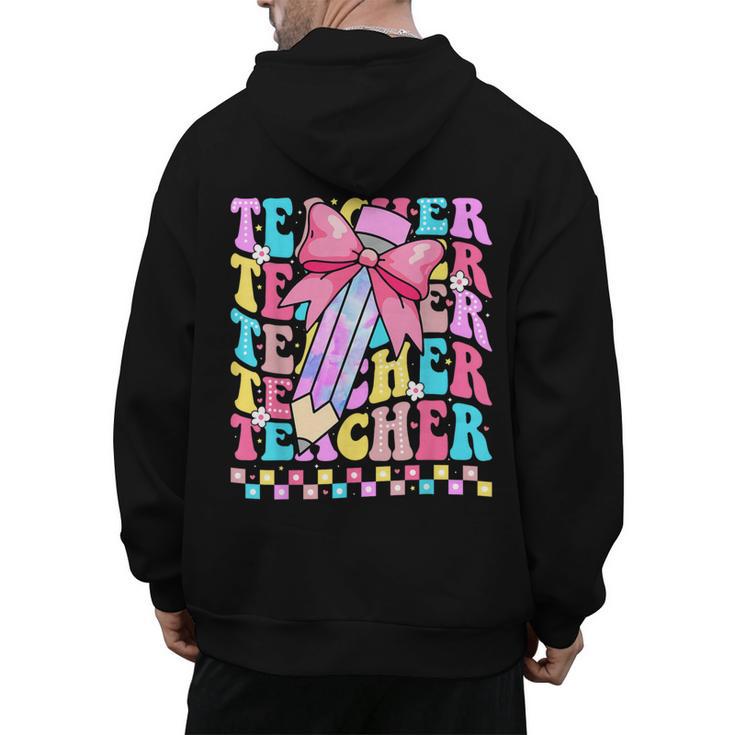 Groovy Teacher Cute Coquette Bow Flower Retro Back To School Men's Hoodie Back Print