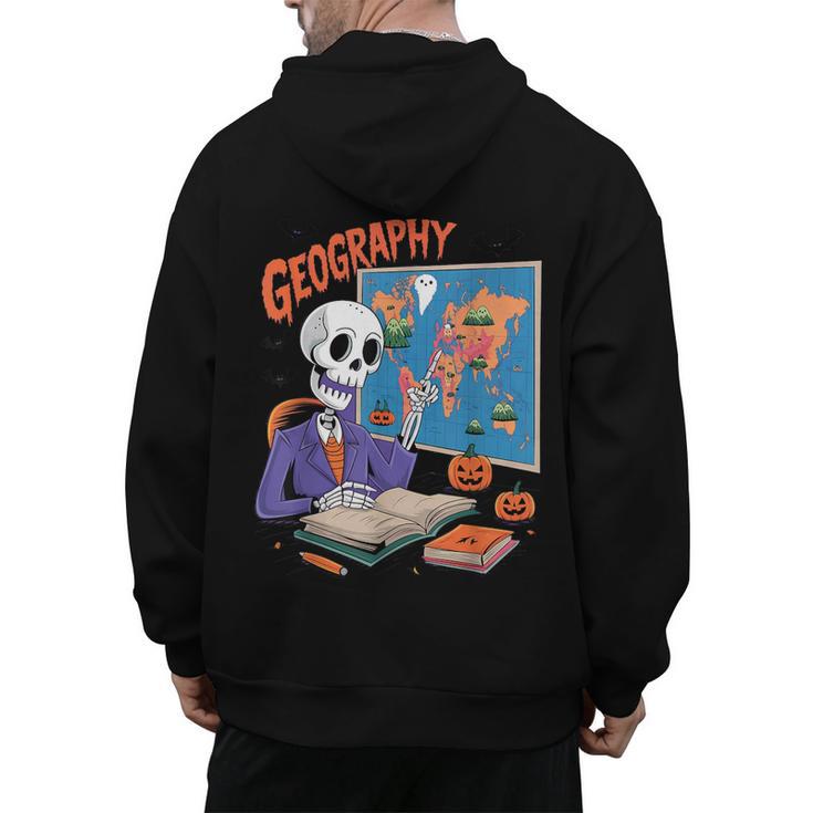 Halloween Skeleton Geography Teacher Pumpkin Bats Classroom Men's Hoodie Back Print