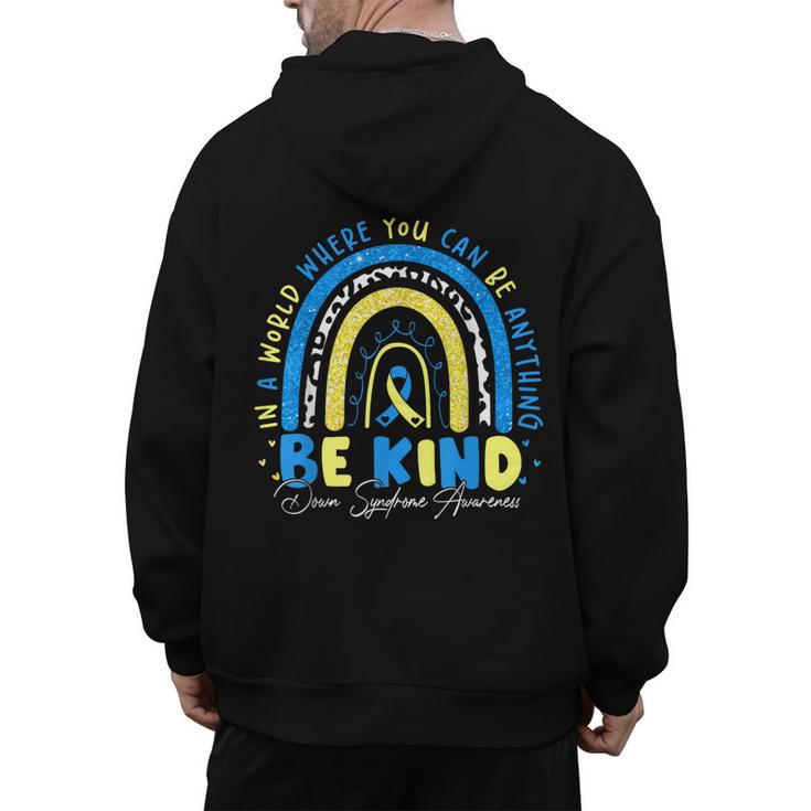Be Kind Rainbow Down Syndrome Awareness Teacher Blue Yellow Men's Hoodie Back Print