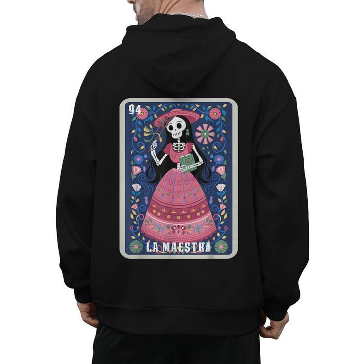 La Maestra Halloween Mexican Bingo Card Teacher Lottery Card Men's Hoodie Back Print