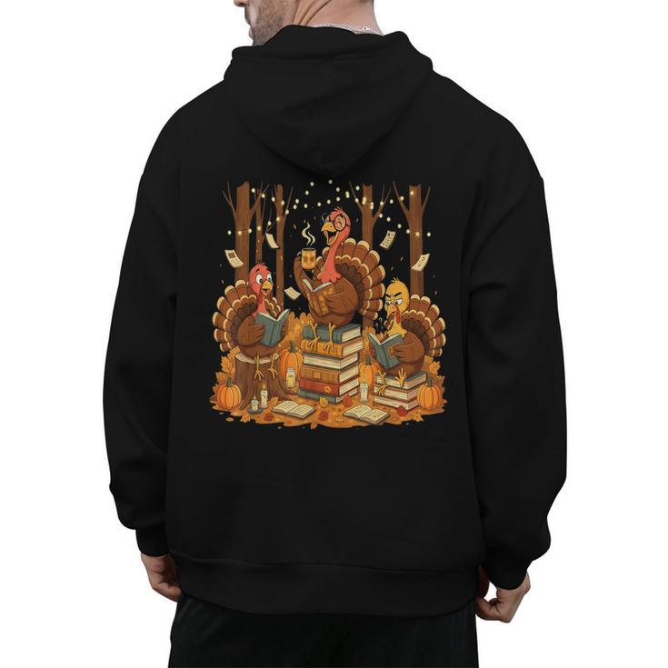 Librarian Turkey Reading Book Fall Thanksgiving Teacher Men's Hoodie Back Print