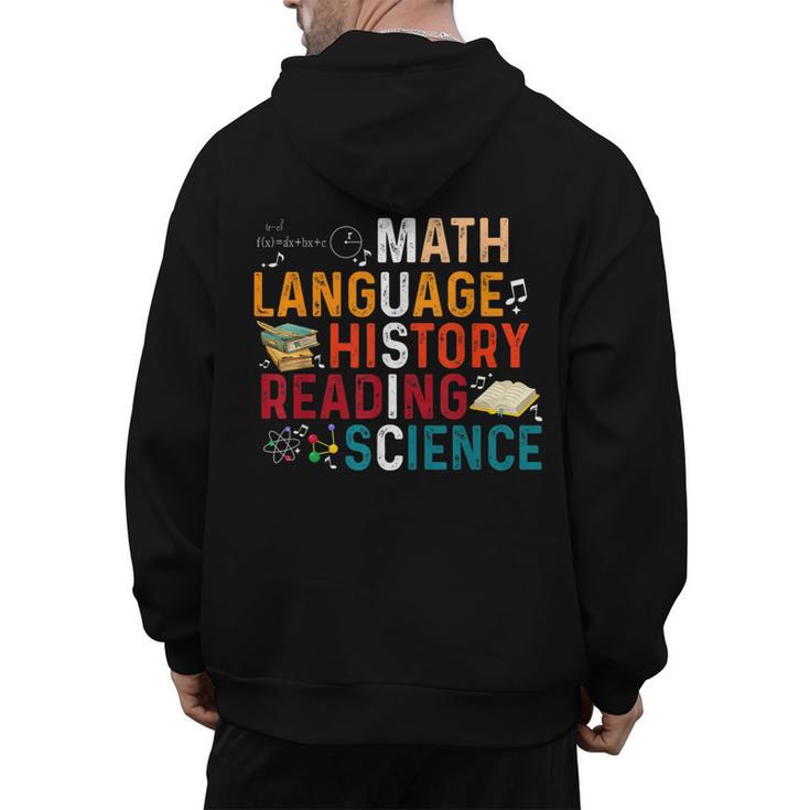 Math Language History Reading Science Music Teacher Men's Hoodie Back Print