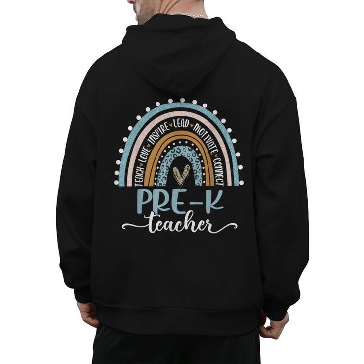 Pre-K Teacher Leopard Boho Rainbow Back To School Men's Hoodie Back Print