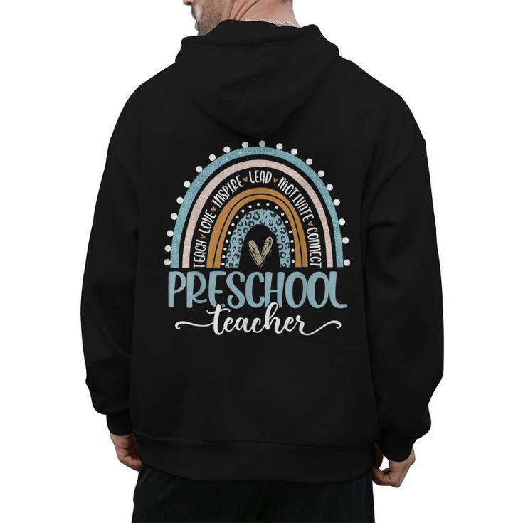 Preschool Teacher Leopard Boho Rainbow Back To School Men's Hoodie Back Print