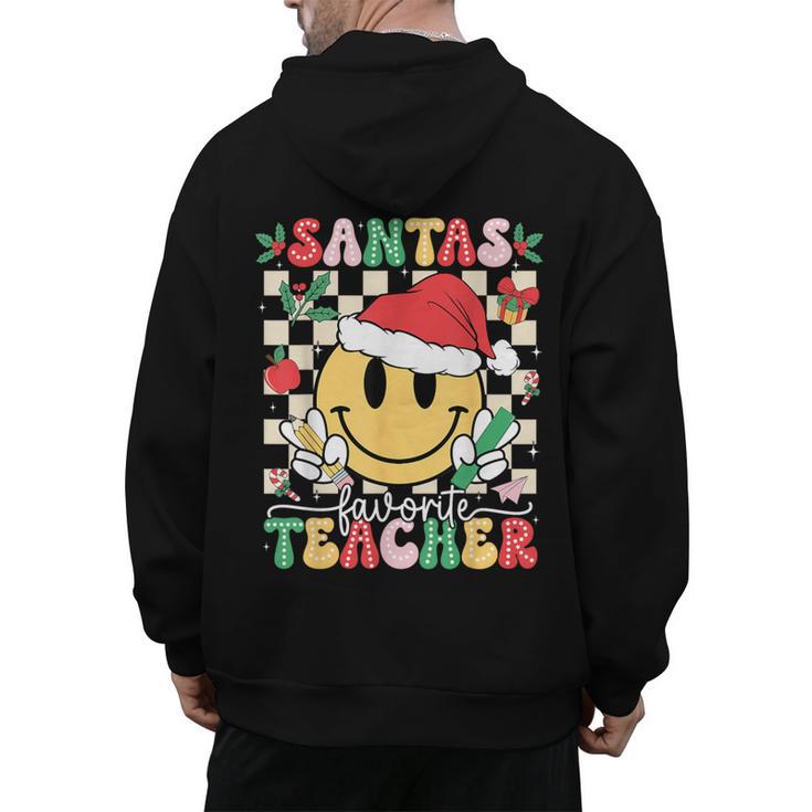 Santas Favorite Teacher Retro Groovy Smile Face Christmas Men's Hoodie Back Print