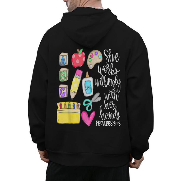 She Works Willingly With Her Hands Proverbs Daycare Teacher Men Women Men's Hoodie Back Print
