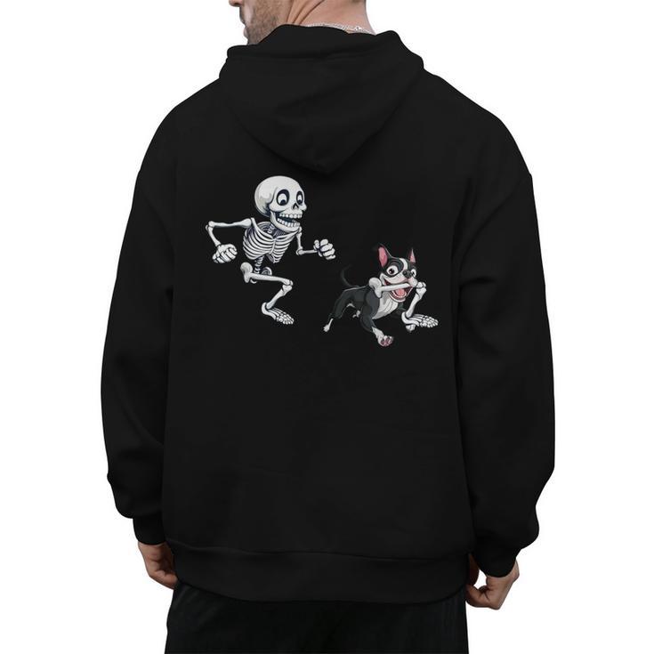 Skeleton Chasing Dog Boston Terrier Halloween Pet Lover Men's Hoodie Back Print