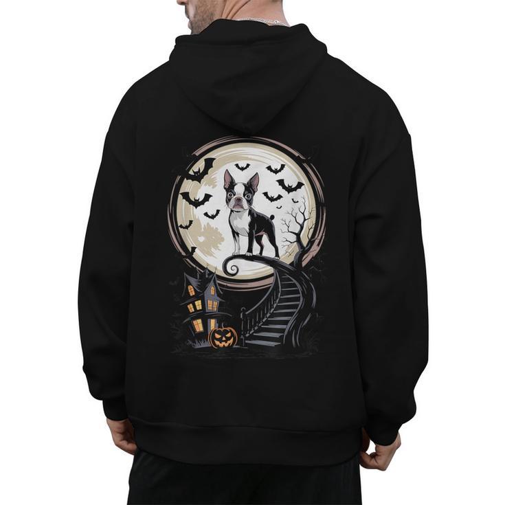 Spooky Halloween Moon Boston Terrier Boston Bull Bostie Men's Hoodie Back Print