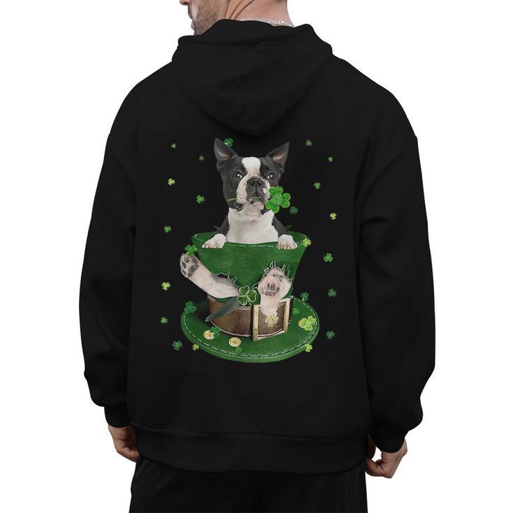 St Patrick's Day Leprechaun Boston Terrier Dog Shamrock For Men Women Kids Men's Hoodie Back Print