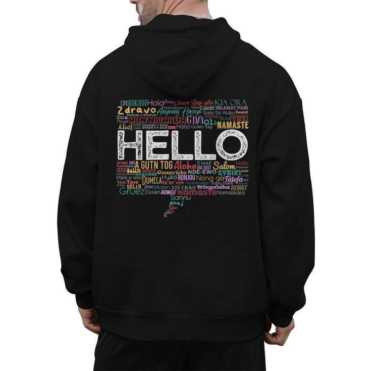 Start With Hello Different World Language Learning Teacher Men's Hoodie Back Print