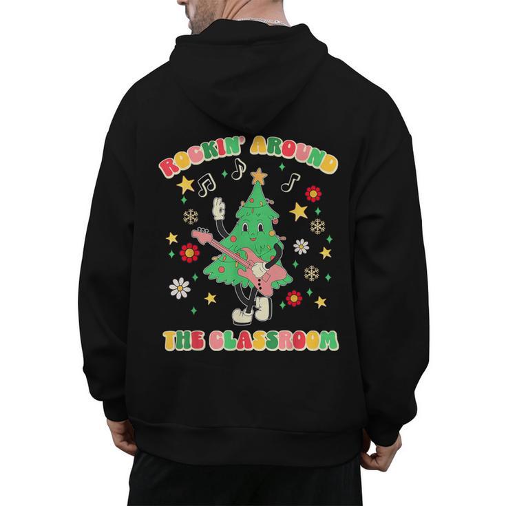 Teacher Christmas Shirts Pajama Matching Rockin' Around The Classroom -Adult Short Sleeve Small Modern Festive Christmas Teacher Xmas Vibes T-Shirt Men's Hoodie Back Print