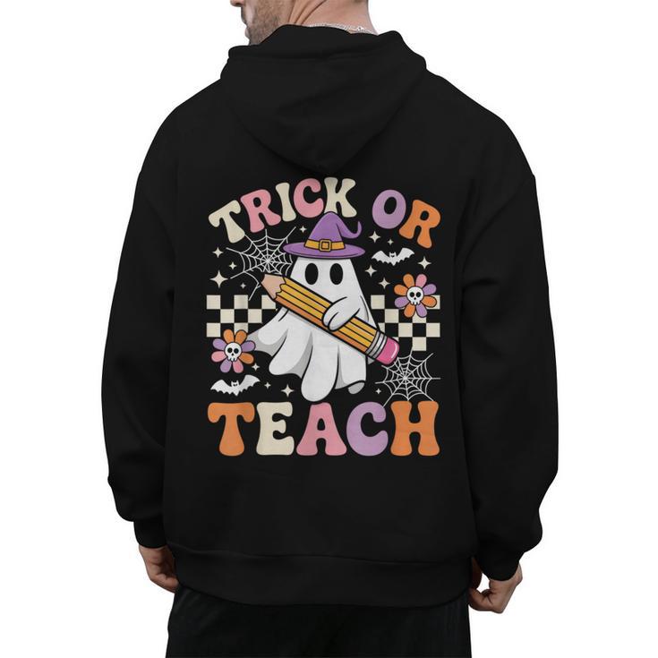 Trick Or Teach Groovy Teacher Halloween Retro Ghost Men's Hoodie Back Print