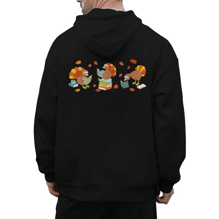 Turkey Reading Books Fall Thanksgiving Teacher Book Lovers Men's Hoodie Back Print