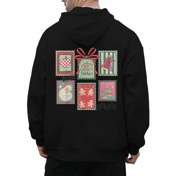 Vintage Preppy Very Merry Teacher Santa Stamps Christmas Men's Hoodie Back Print