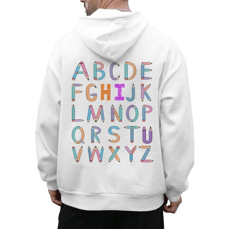 Back To School Kindergarten Alphabet ABC Teacher Women Kids Men's Hoodie Back Print
