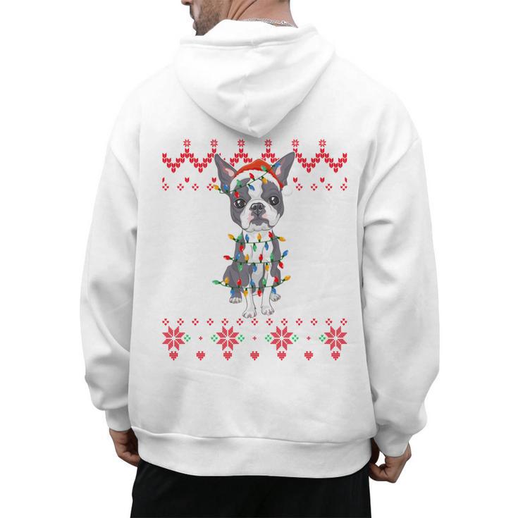 Boston Terrier Dog Santa Hat Men Kids Ugly Christmas Light Men's Hoodie Back Print