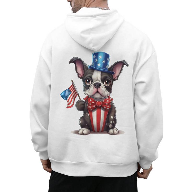 Boston Terrier Puppy Dog Holds His American Flag 4th Of July Men's Hoodie Back Print