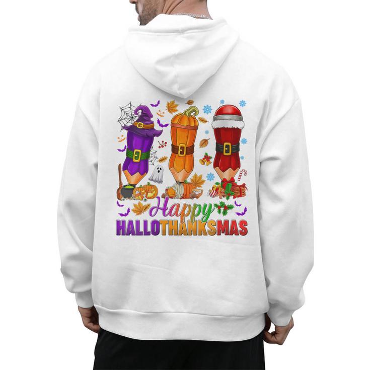 Happy Hallothanksmas Halloween Thanksgiving Pencils Teachers Men's Hoodie Back Print