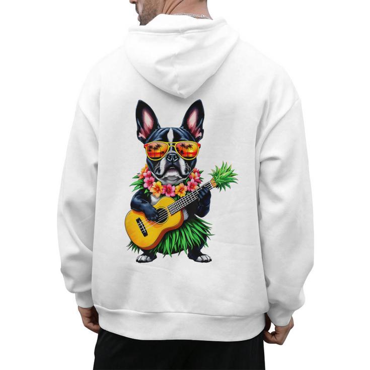 Hawaiian Boston Terrier & Pineapple Ukulele Summer Vacation Men's Hoodie Back Print