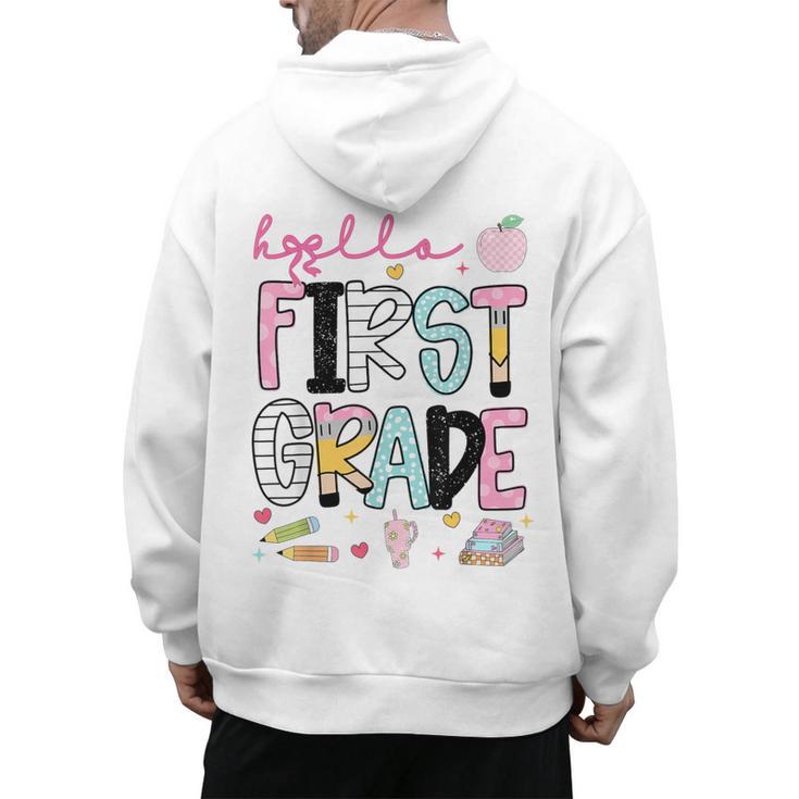 Hello First Grade Teacher Coquette Pencil Bow Back To School Men's Hoodie Back Print